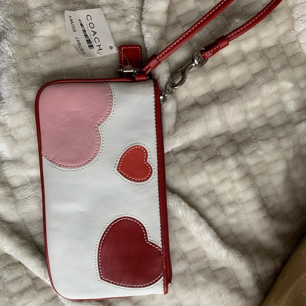 Coach NEW WITH TAGS, wristlet- pink + red hearts